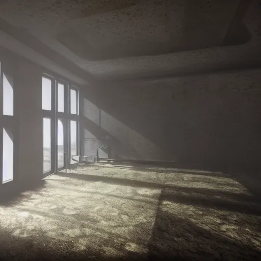 Image similar to a landscape in aerial view inside an empty room, hyper realistic, atmospheric lighting, unreal engine, 8 k