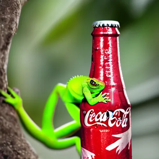 Image similar to gecko advertising the drink coca cola to all his chameleon friends, promo photo