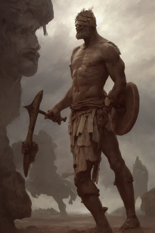 Image similar to ancient historically accurate depiction of the Bible Character Goliath of Gath, the Philistine warrior giant by frank miller, illustration by Ruan Jia and Mandy Jurgens and William-Adolphe Bouguereau, Artgerm, 4k, digital art, surreal, space dandy style, highly detailed, godsend, artstation, digital painting, concept art, smooth, sharp focus, illustration by Ruan Jia and Mandy Jurgens and William-Adolphe Bouguereau, Artgerm