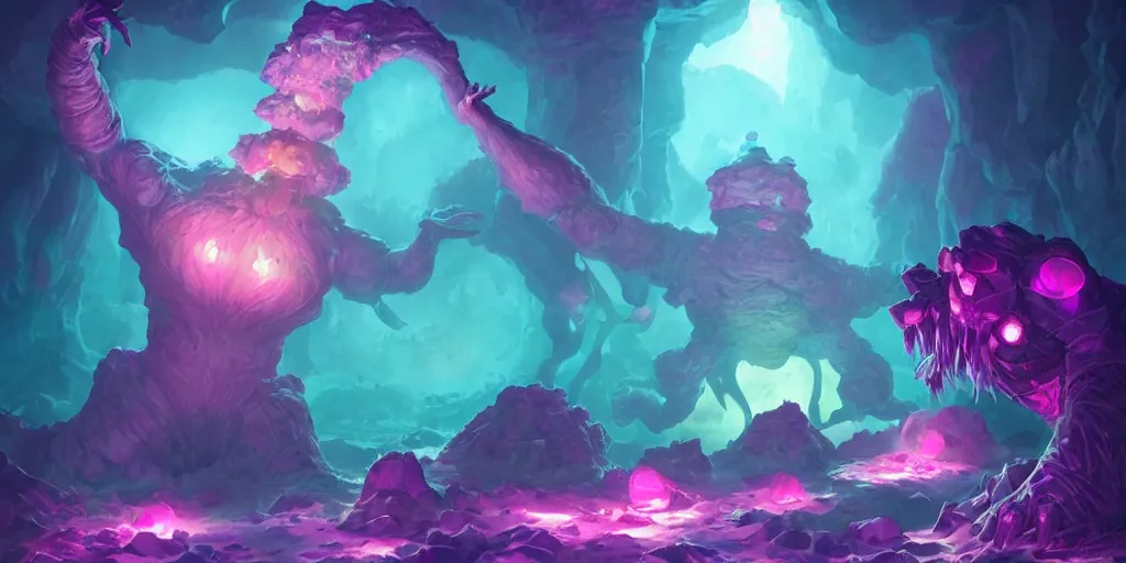 Prompt: giant crystal golem, d & d 5 e creature, bright pink purple lights, underwater, watery caverns, art by artgerm