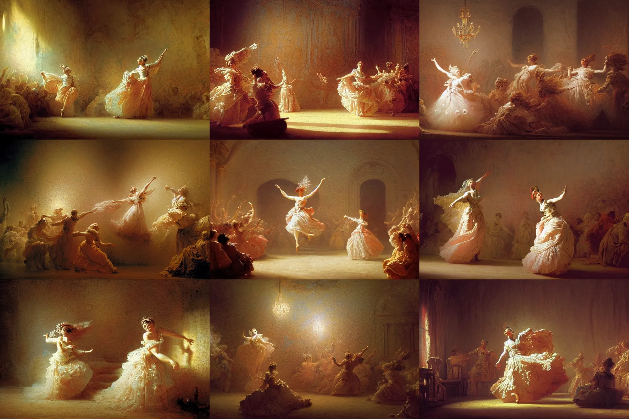 Prompt: polovstian dances and chorus, stoic, light dust, magnificent, hyperdetailed, theatrical, close up, masterpiece, painted by jean honore fragonard and greg rutkowski