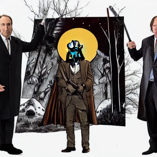 Image similar to Saul Goodman, Gandalf, Darth Vader, surrounded by wolfs in a forest, gothic