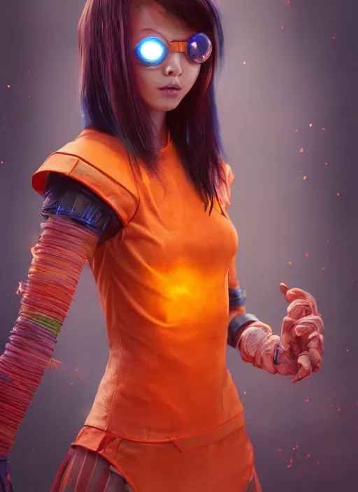 Prompt: teenage rainbow hair asian girl wearing an orange superhero costume, bioshock, au naturel, hyper detailed, digital art, trending in artstation, cinematic lighting, studio quality, smooth render, unreal engine 5 rendered, octane rendered, art style by klimt and nixeu and ian sprigger and wlop and krenz cushart