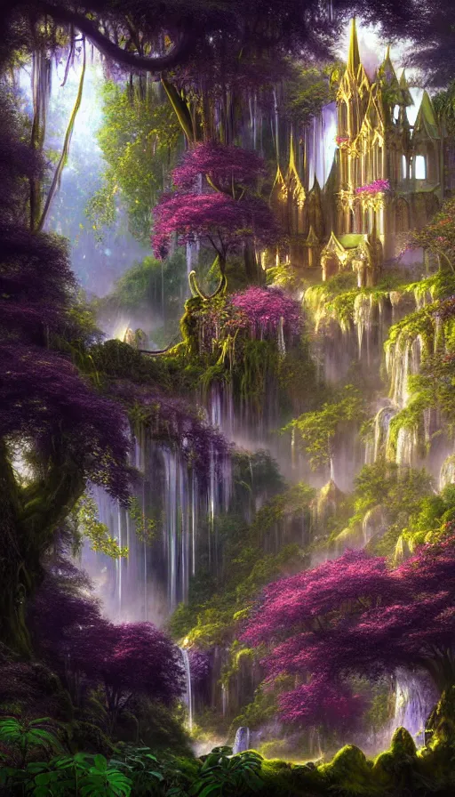 Prompt: fairy palace, castle towers, sunbeams, gothic cathedral, Japanese shrine waterfall, gold and gems, purple trees, lush vegetation, forest landscape, painted by tom bagshaw, raphael lacoste, eddie mendoza, alex ross concept art matte painting