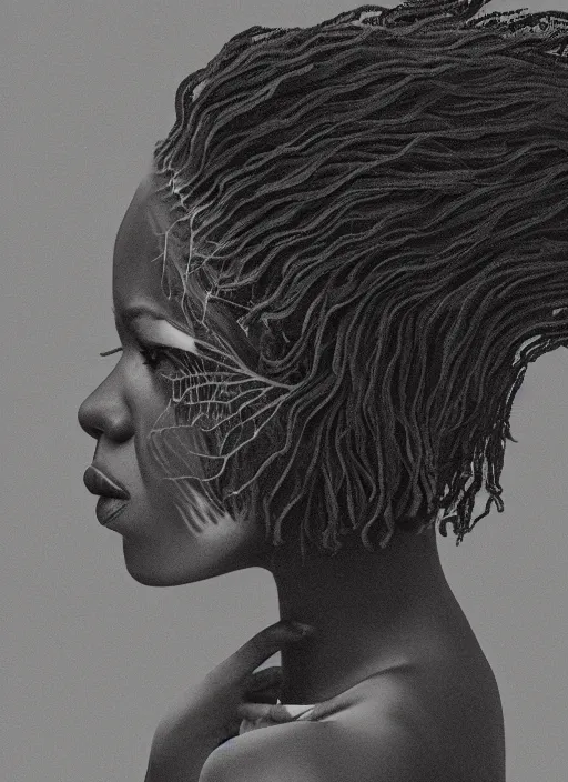 Prompt: a beautiful black woman's face in profile made of leaf skeleton, white hair, in the style of the dutch masters, gregory crewdson, rene magritte and rutkowski, dark and moody, matte, 8 k, hyper detailed, hyper realistic, intricate detail,