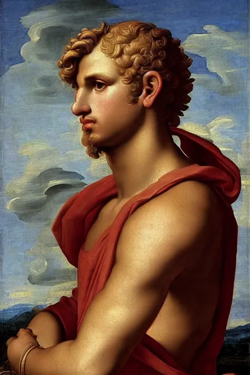 Image similar to renaissance painting of man, short blonde hair, thoughtful face, emotions closeup, dressed in roman armour, the beautiful garden with olive leaves, ultra detailed, art by Guido Reni style, Vincenzo Catena style