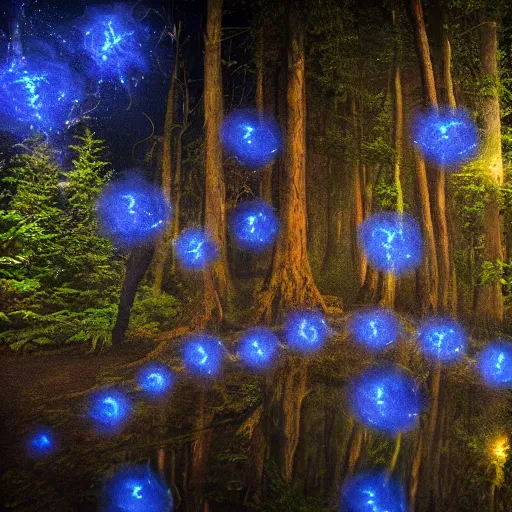 Image similar to enchanted forest with magical creatures at night with a blue hue with fireflies, real life, photograph, photorealistic, 4 k