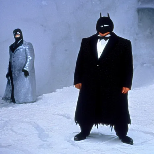 Image similar to Alex Jones as the Penguin Man in the movie Batman Returns 1992, still, high quality