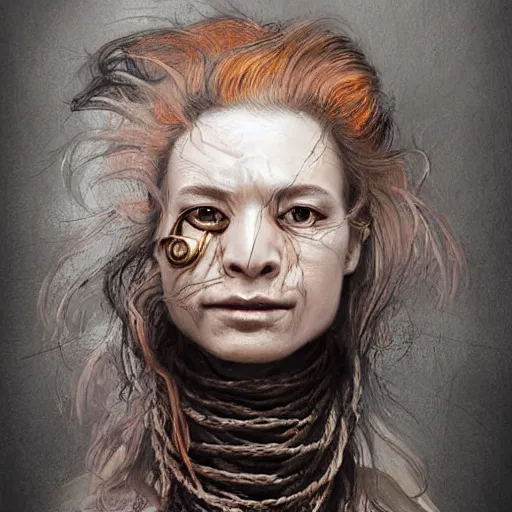 Prompt: portrait of a Shibari rope wrapped face and neck, headshot, insanely nice professional hair style, dramatic hair color, digital painting, of a old 17th century, old cyborg merchant, clear face, amber jewels, baroque, ornate clothing, scifi, realistic, hyperdetailed, chiaroscuro, concept art, art by Franz Hals and Jon Foster and Ayami Kojima and Amano and Karol Bak,