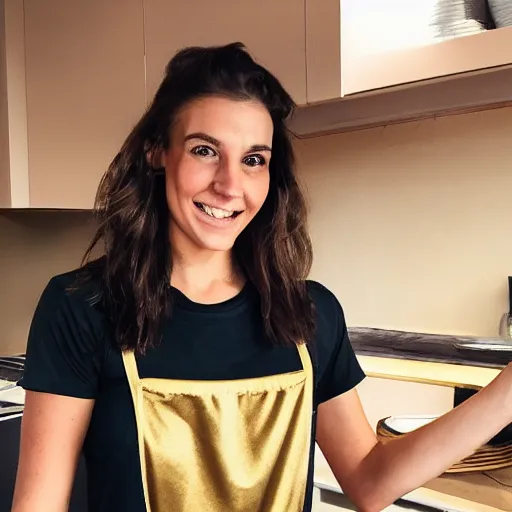 Prompt: a selfie of a brunette female, young, athletic, australian, wearing a gold tshirt in a kitchen