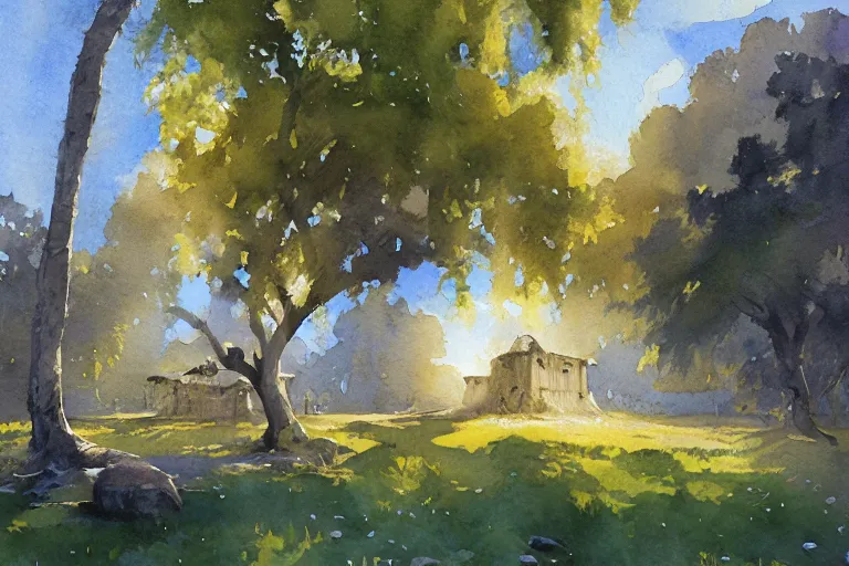 Image similar to small centered on watercolor paper, paint brush strokes, abstract watercolor painting of ancient viking house in city park, palm and oak trees, sunshine though foliage, translucent leaves, cinematic light, national romanticism by hans dahl, by jesper ejsing, by anders zorn, by greg rutkowski, by greg manchess, by tyler edlin