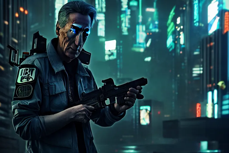 Image similar to ultra realistic, cinematic, james woods as cyberpunk junk cop, detailed, deep focus, movie still, dramatic lighting, ray tracing, by michal karcz and yoshitaka amano