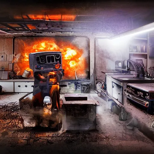 Image similar to cyborg toaster oven repairman, dark messy smoke - filled cluttered workshop, dark, dramatic lighting, orange tint, sparks, plasma rays, cinematic, highly detailed, sci - fi, futuristic, movie still