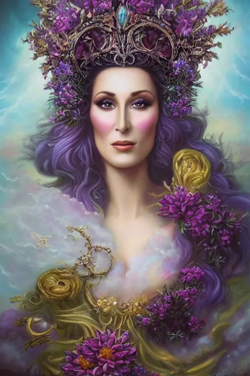 Image similar to closeup portrait fine art photo of the beauty cher, she has a crown of stunning flowers and dress of purple satin and gemstones, background full of stormy clouds, by peter mohrbacher