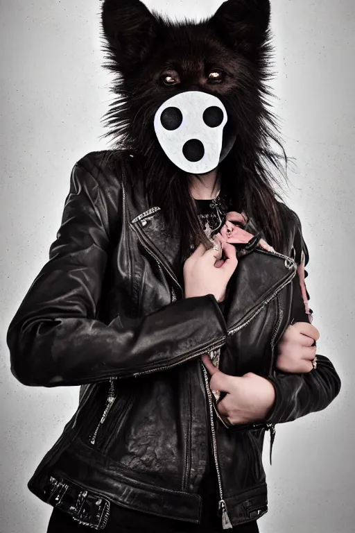 Image similar to professional photographic portrait of a punk girl in a leather jacket wearing a wolf's head over her face, fashion magazine shoot, cool punk with wolf on her head