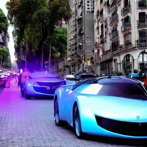 Image similar to Buenos Aires Argentina, futuristic cars in the street, holograms in the street, detailed, hd