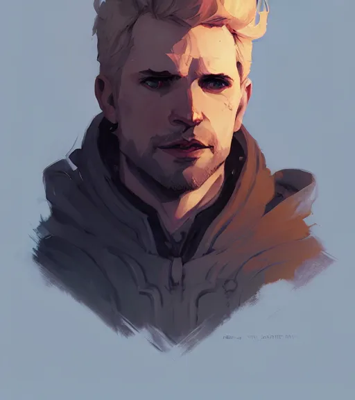 Image similar to portrait of cullen from dragon age by atey ghailan, by greg rutkowski, by greg tocchini, by james gilleard, by joe fenton, by kaethe butcher, dynamic lighting, gradient light blue, brown, blonde cream and white color scheme, grunge aesthetic