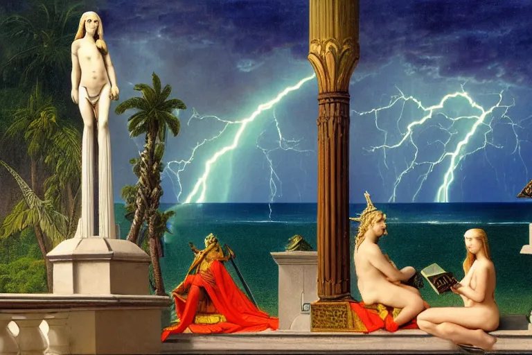 Image similar to Occult statues on front of balustrade and palace columns, refracted lightnings on the ocean, thunderstorm, tarot cards characters, beach and Tropical vegetation on the background major arcana sky and occult symbols, by paul delaroche, hyperrealistic 4k uhd, award-winning, very detailed paradise