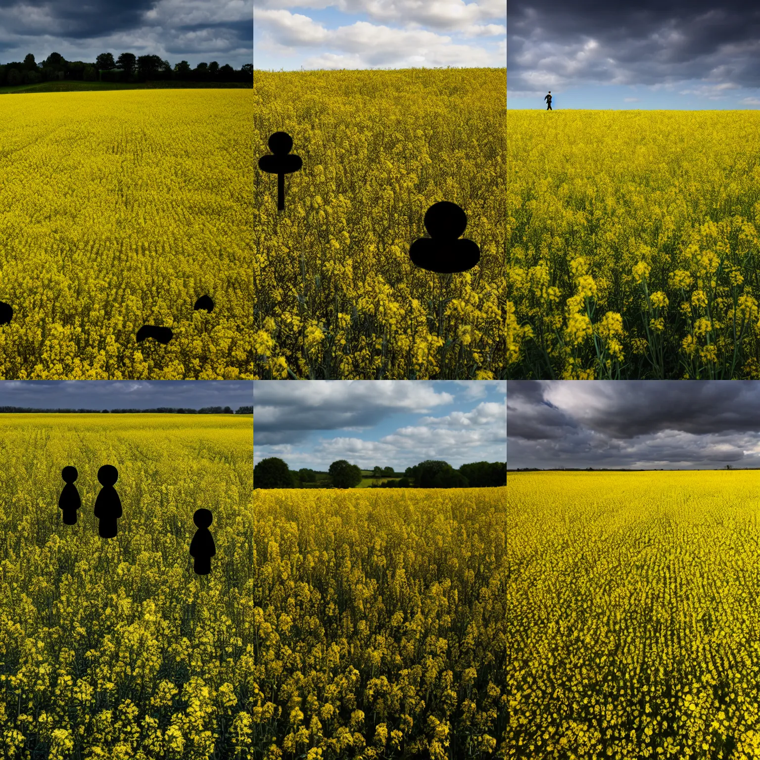 Prompt: wide-angle photo of multiple dark figures popping up out of big rapeseed field, Nikon 10mm, high quality, very detailed,