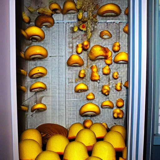 Prompt: realistic photo of golden teacher mushrooms growing inside a closet