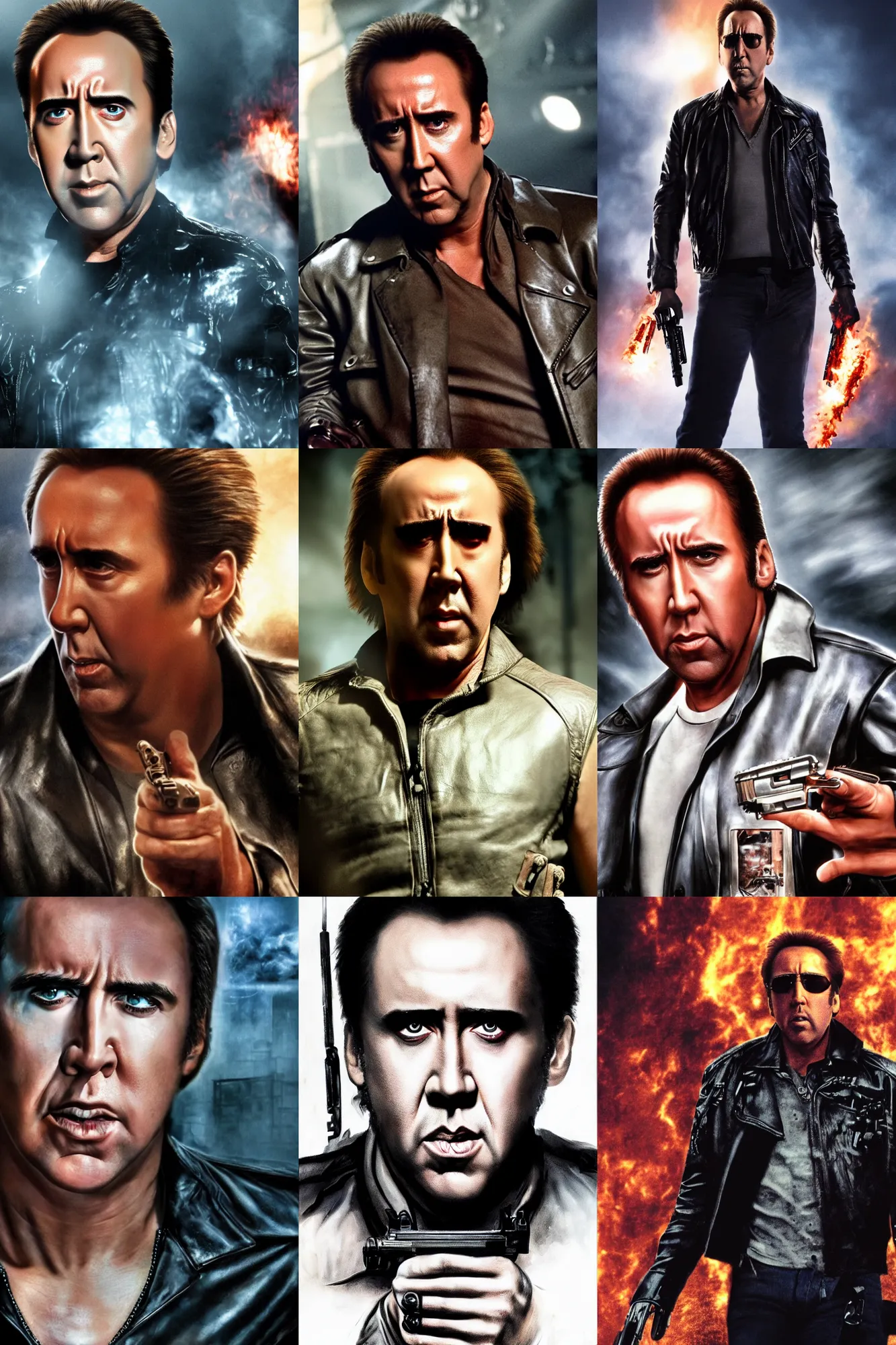 Prompt: Nicolas Cage as The Terminator, ultra definition, high quality, high detail, HD, 4K