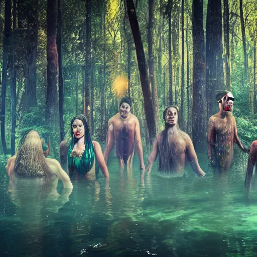 Image similar to gods in forest, three eyed, wide shot, feet in water, vivid colors, foreheads with eyes, ground very detailed, wet eyes reflecting into eyes reflecting into infinity, natural lighting