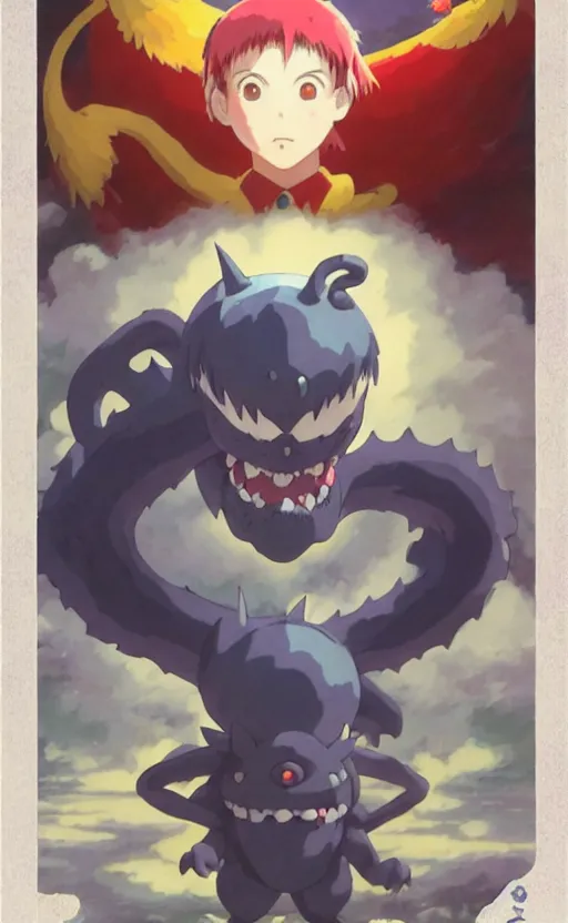 Image similar to a monster rancher card from 1 9 5 0, illustration, concept art, anime key visual, trending pixiv fanbox, by wlop and greg rutkowski and makoto shinkai and studio ghibli and kyoto animation and ken sugimori, symmetrical facial features, cute monster companion, box art