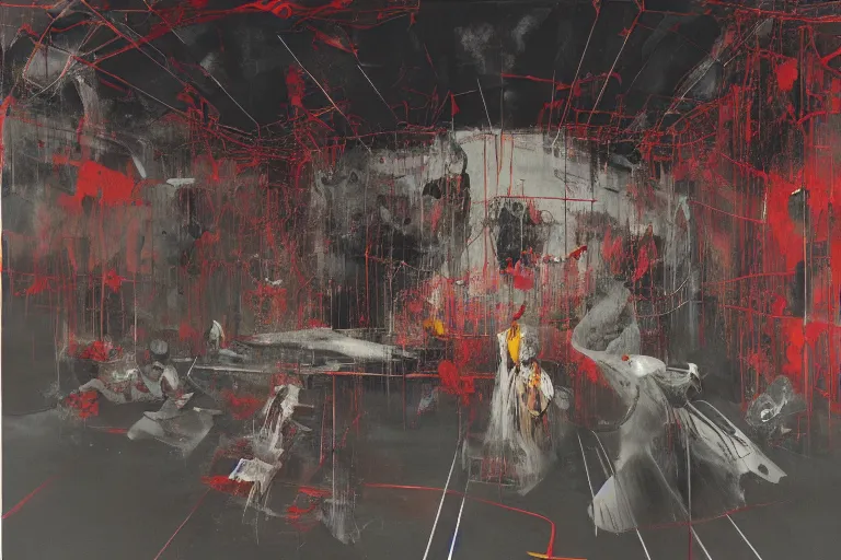 Image similar to the physical impossibility of death, inside a brutalist designed space ship, gothic, rich deep colours, painted by francis bacon, adrian ghenie, james jean and petra cortright, part by gerhard richter, part by takato yamamoto. 8 k masterpiece, cinematic lighting