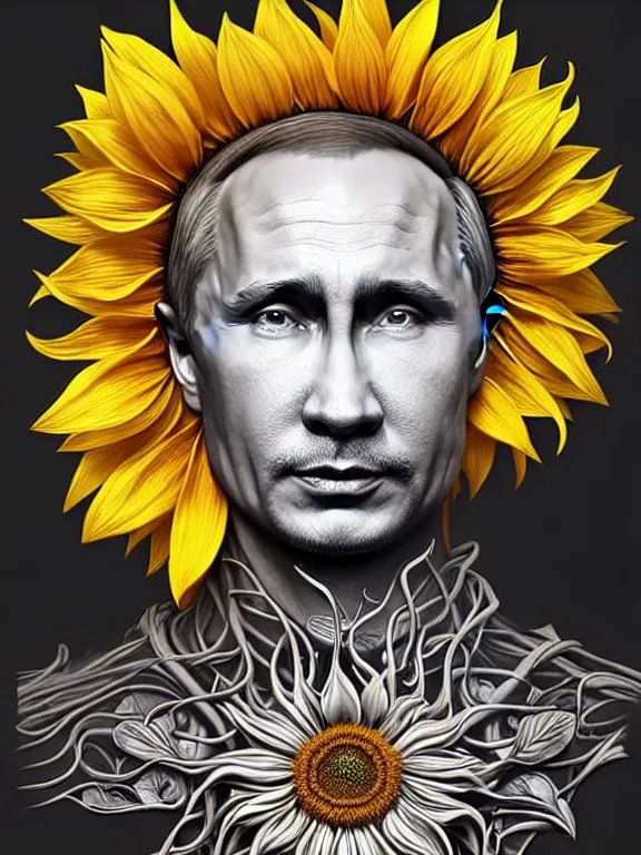 Image similar to digital art, centered full body of Putin smiling king, Sunflower crown, ,intricate, veins, by James Jean and by artgerm , by ross tran ultradetailed, charachter design, concept art, trending on artstation,