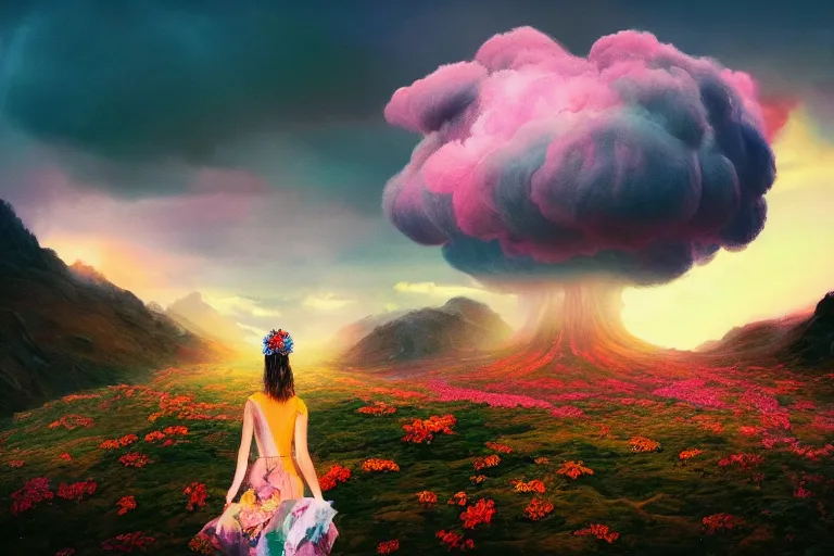 Image similar to giant dahlia flower crown under head, girl walking on dramatic mountain, surreal photography, pink storm clouds, sunset, impressionist painting, digital painting, artstation, simon stalenhag