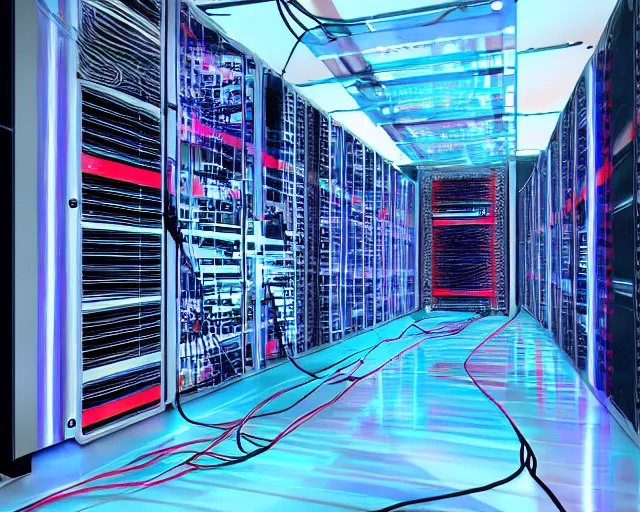 Image similar to datacenter with red laser trip - wire alarm system in the style of mission impossible, server in the middle, deep view, heavy blue led lights, wires connected, award winning, extremely detailed, artstation, 8 k, incredible art