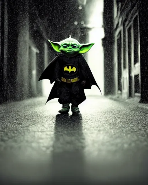 Image similar to epic closeup cinematic still of masked baby yoda as batman wearing batman costume with batcape as batman in atmospheric rainy alleyway in the style of batman begins, 8 k backlit, rim lighting, dramatic moonlight lighting, beautiful composition aesthetic