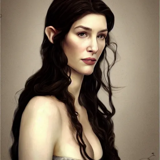 Image similar to 8 5 mm f 1. 8 portrait of a girl that is a mixture between liv tyler and carice van houten, she is about 2 5 years old, long curly hair, very tall and slender, she is wearing a elven robe, highly detailed, digital painting, artstation, concept art, smooth, sharp foccus ilustration, artstation hq