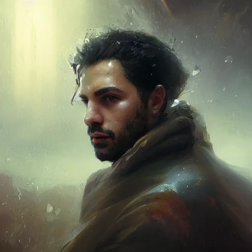 Image similar to Portrait of David Yousefi ,Composer, heroic, tricolor background, amazing splashscreen artwork, splash art, head slightly tilted, natural light, elegant, intricate, fantasy, atmospheric lighting, cinematic, matte painting, detailed face, by Greg rutkowski