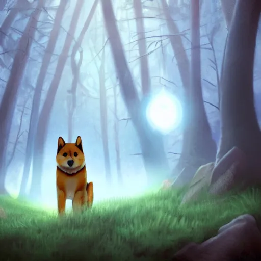 Image similar to anthropomorphic shiba inu mage travels through a forest, cinematic lighting, Fantasy Art