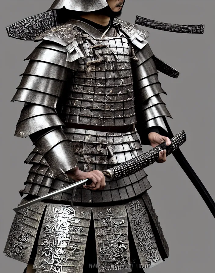 Image similar to detailed photorealistic ancient japanese samurai warrior soldier ⚔ 🪖 ⛩ with traditional japanese engravings and ornamentation on armour and weapons, and shining metallic 3 d surfaces, japanese calligraphy, wide angle, 3 d