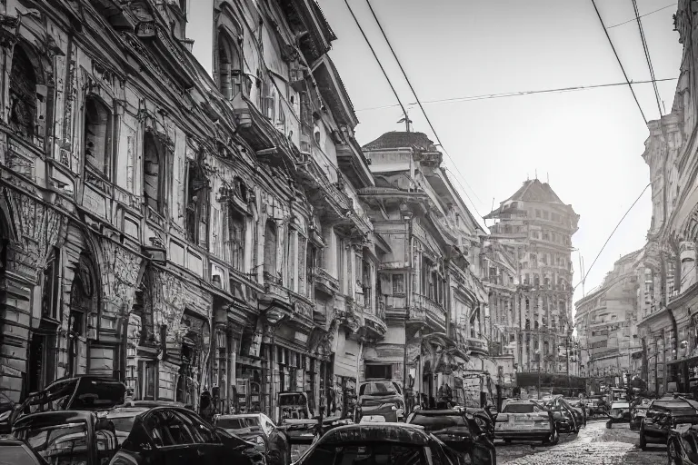 Image similar to urban photography of bucharest, award winning, sunset, streets, buildings, people, beautiful