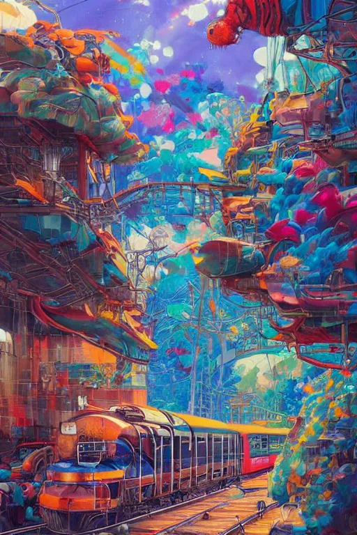 Image similar to trains covered in dripping colorful graffiti paint, painterly, james jean, yoshitaka amano, hiroshi yoshida, moebius, loish, artgerm, painterly, symmetrical, ultra detailed, hyper realistic, illustration, sunset lighting