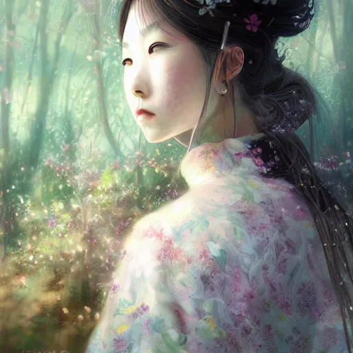 Image similar to detailed portrait of japanese girl in a spring, spring light, painting by lise deharme