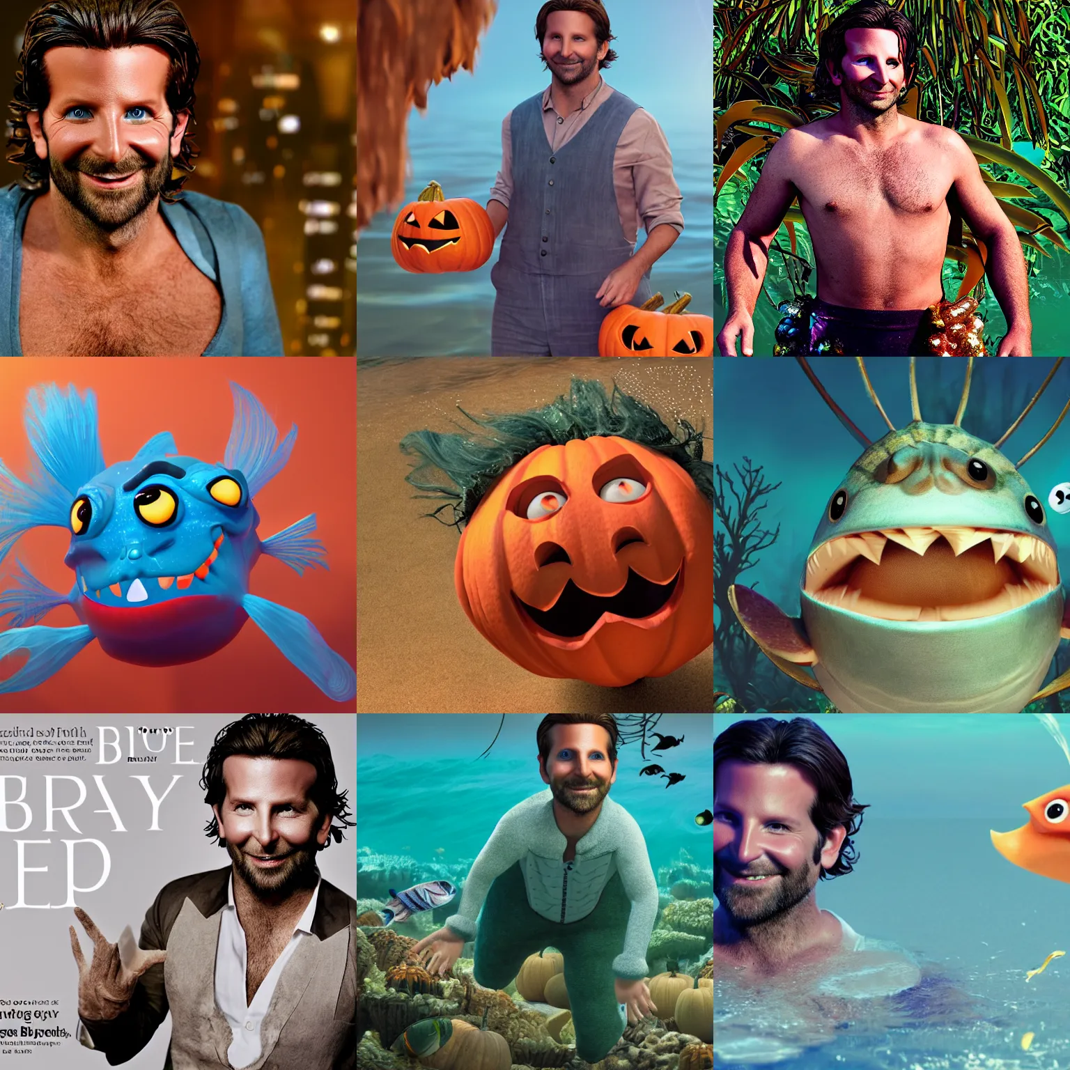 Prompt: bradley cooper, dressed as a fish for halloween, blender, 4 k rendering, magazine