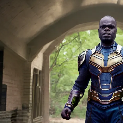 Image similar to william jackson harper, wearing thanos armour, hd 4k photo, cinematic lighting