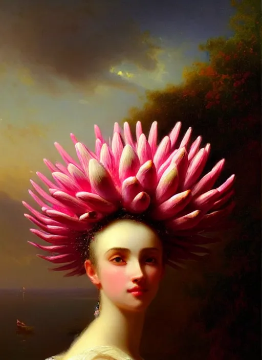 Prompt: stunning spanish godess, detailed pink and white protea head peace against a black backdrop by ivan aivazovsky, wlop, oil painting, beautiful soft lighting, muted colours, artstation