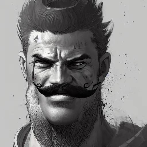 Image similar to portrait old barbarian warrior with trucker mustache and short hair, 8 k, trending on art station, by tooth wu and greg rutkowski