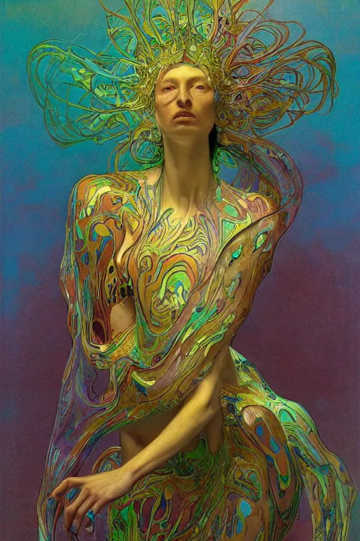 Prompt: a colorful and provenance beautiful goddess by zdzisław beksinski, iris van herpen, ellen jewett and alphonse mucha, holographic undertones, highly saturated colors. detailed, photorealism, beautiful