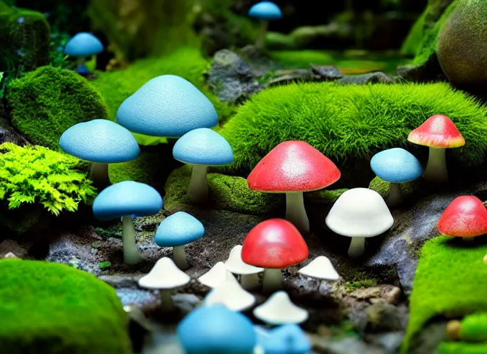 Image similar to low poly total of a porcelain garden las pozas, wide angle shot, soft focus, global illumination, radiant light, colorful aquatic plants, colorful mushrooms, puffballs, rhizomorphs, octane highly render, 4 k, ultra hd,