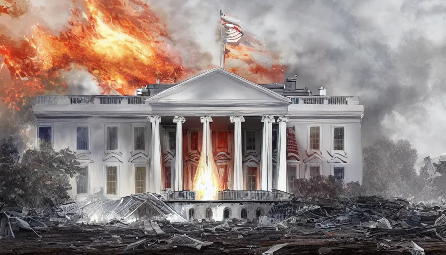 Prompt: Digital painting of the burning White House in destroyed Washington DC, wide view, hyperdetailed, artstation, cgsociety, 8k