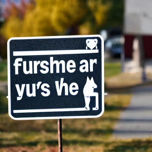 Image similar to a street sign warning furries that they will be arrested, sad furry looking at it