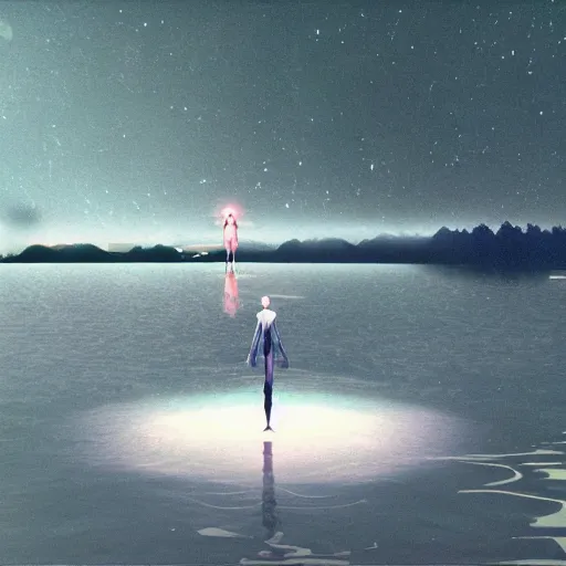 Prompt: a slender godlike zone of the enders with human features floating above a lake at midnight taken with a disposable camera