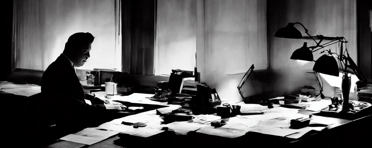 Image similar to film noir detective sitting in the dark at his desk, contrast lighting, black and white, by Frank Miller