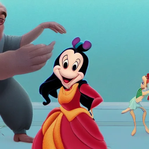 Prompt: A movie still of Danny Devito as a Disney princess